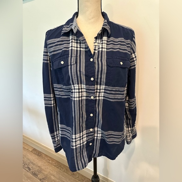 St Johns Bay Striped Long Sleeve  Shirt Dark Blue Collared L EUC - Picture 1 of 8